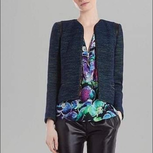 Sandro Valentin Blue and Red Tweed Blazer Jacket leather  shoulder chain details - Picture 8 of 16